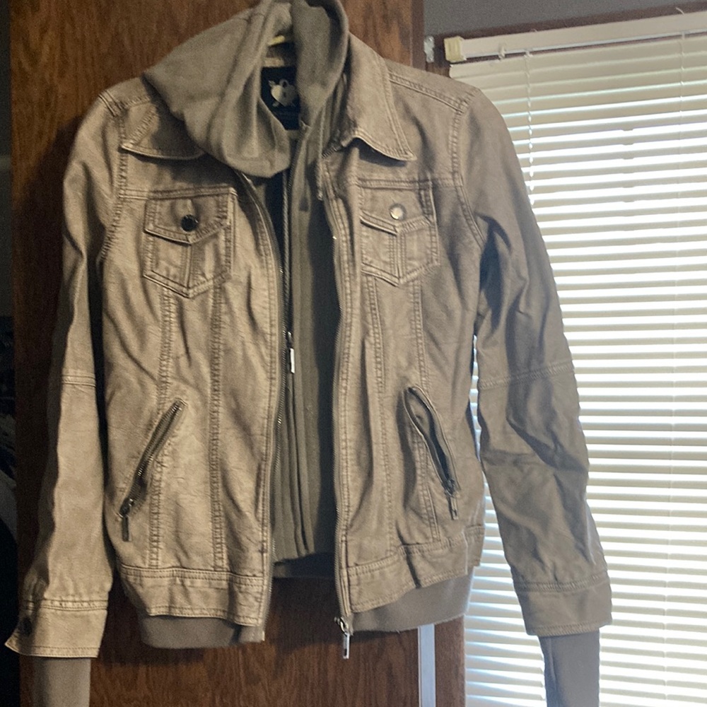 Faux leather jacket with removable hood